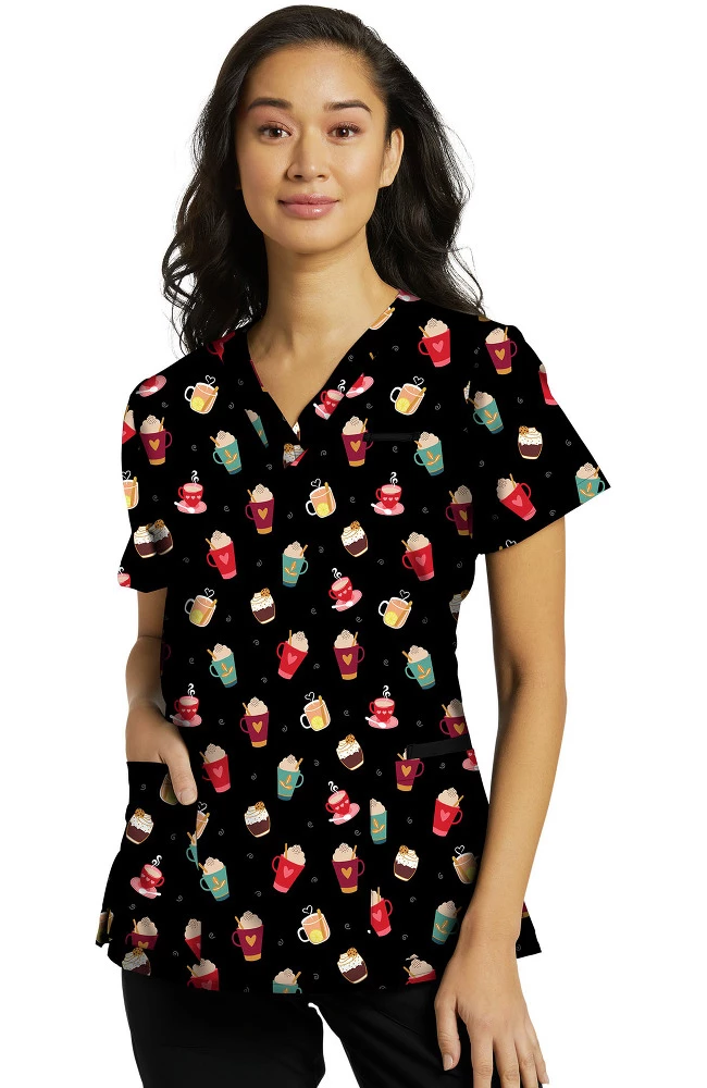 White Cross Clearance Women's Cosy Drinks Print Scrub Top