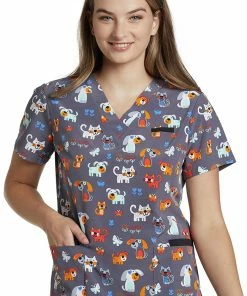 White Cross Clearance Women's Happy Pets Pewter Print Scrub Top