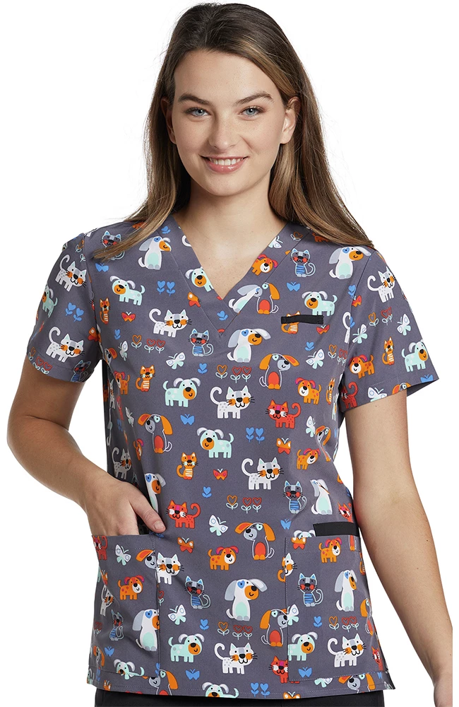 White Cross Clearance Women's Happy Pets Pewter Print Scrub Top
