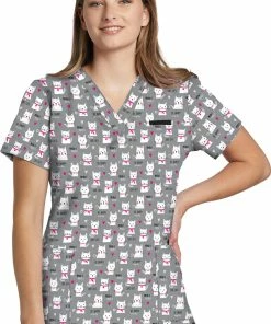 White Cross Clearance Women's Love Cats Print Scrub Top