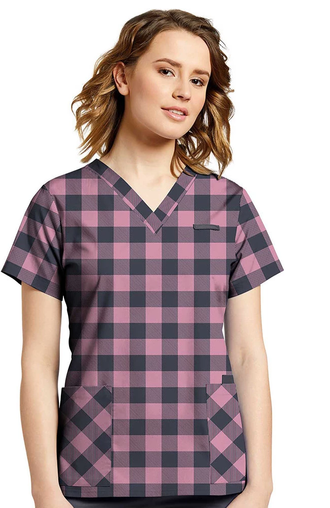 White Cross Clearance Women's Orchid Plaid Print Scrub Top