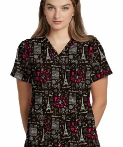 White Cross Clearance Women's Paris Amour Print Scrub Top