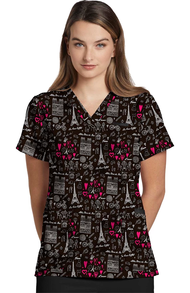White Cross Clearance Women's Paris Amour Print Scrub Top