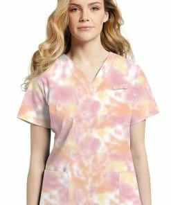 White Cross Clearance Women's Pink Tie Dye Print Scrub Top