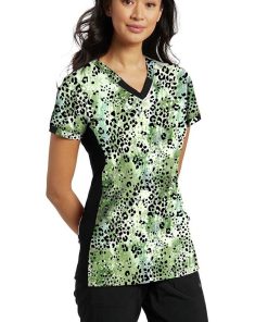 White Cross Clearance Women's Splash Of Wild Green Print Scrub Top