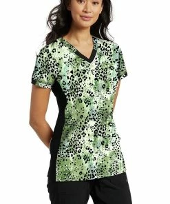 White Cross Clearance Women's Splash Of Wild Green Print Scrub Top