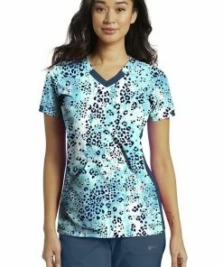 White Cross Clearance Women's Splash Of Wild Blue Print Scrub Top