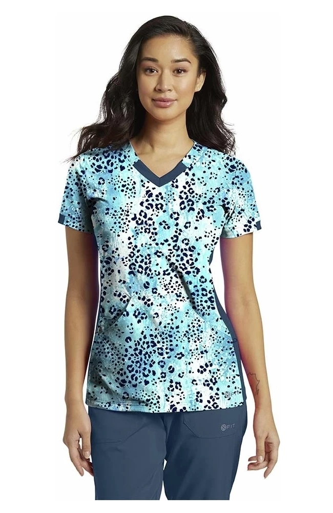White Cross Clearance Women's Splash Of Wild Blue Print Scrub Top