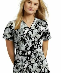 White Cross Clearance Women's Black Flowers Print Scrub Top