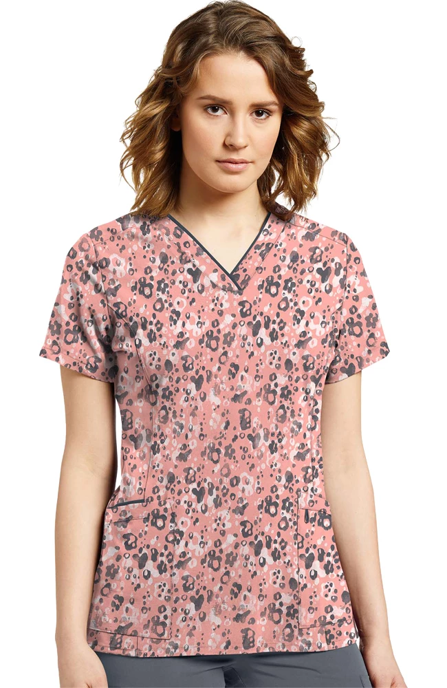 White Cross Women's V-Neck Spotty Dotty Print Scrub Top