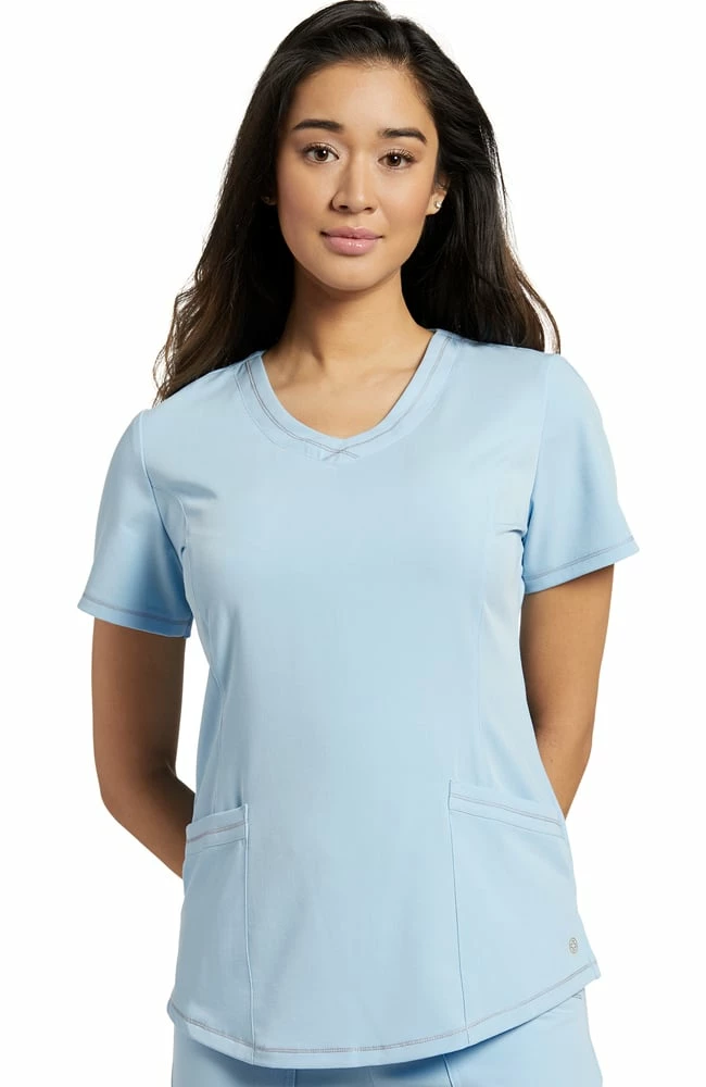 White Cross Women's Round V-Neck Stitched Solid Scrub Top