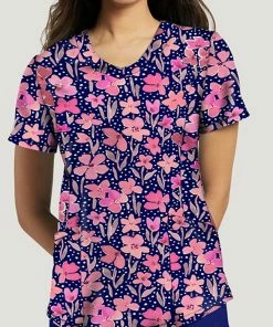 White Cross Women's Round V-Neck Spring In My Step Print Scrub Top