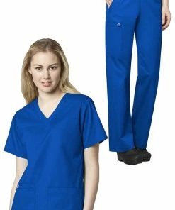 WonderWORK Women's V-Neck Solid Scrub Top & Elastic Waist Scrub Pant Set