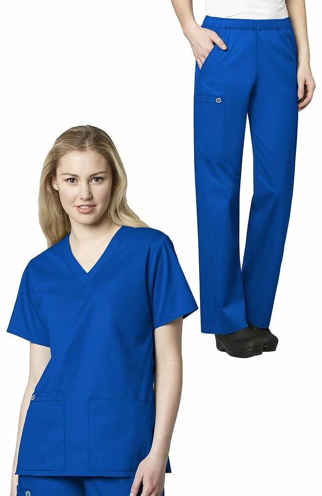 WonderWORK Women's V-Neck Solid Scrub Top & Elastic Waist Scrub Pant Set