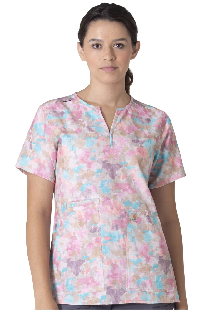 Carhartt Women's Notch Neck Grasslands Camo Print Scrub Top