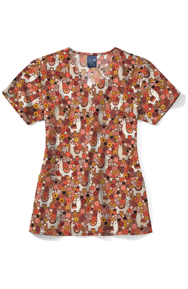 Zoe And Chloe Women's V-Neck Alpaca Light Print Scrub Top