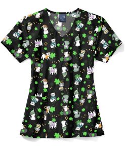 Zoe And Chloe Women's V-Neck Happy Go Lucky Print Scrub Top