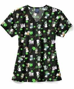 Zoe And Chloe Women's V-Neck Happy Go Lucky Print Scrub Top