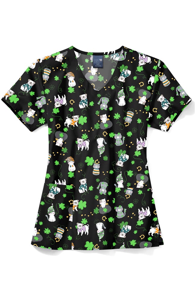 Zoe And Chloe Women's V-Neck Happy Go Lucky Print Scrub Top 3 Zoe And Chloe Women's V-Neck Happy Go Lucky Print Scrub Top