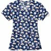 Zoe And Chloe Women's V-Neck Moon Meow Print Scrub Top