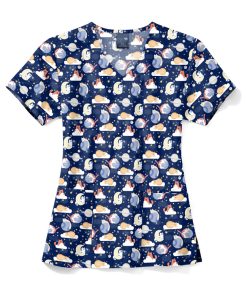 Zoe And Chloe Women's V-Neck Moon Meow Print Scrub Top
