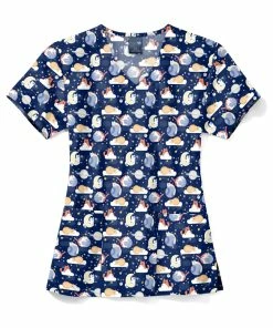 Zoe And Chloe Women's V-Neck Moon Meow Print Scrub Top