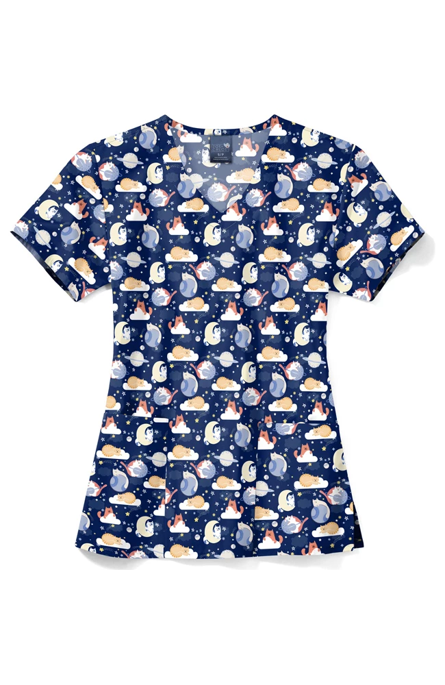 Zoe And Chloe Women's V-Neck Moon Meow Print Scrub Top