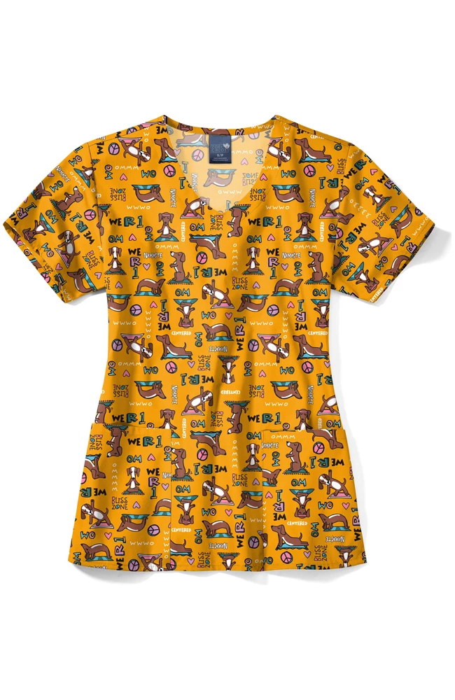 Zoe And Chloe Women's V-Neck Namaste All Day Print Scrub Top