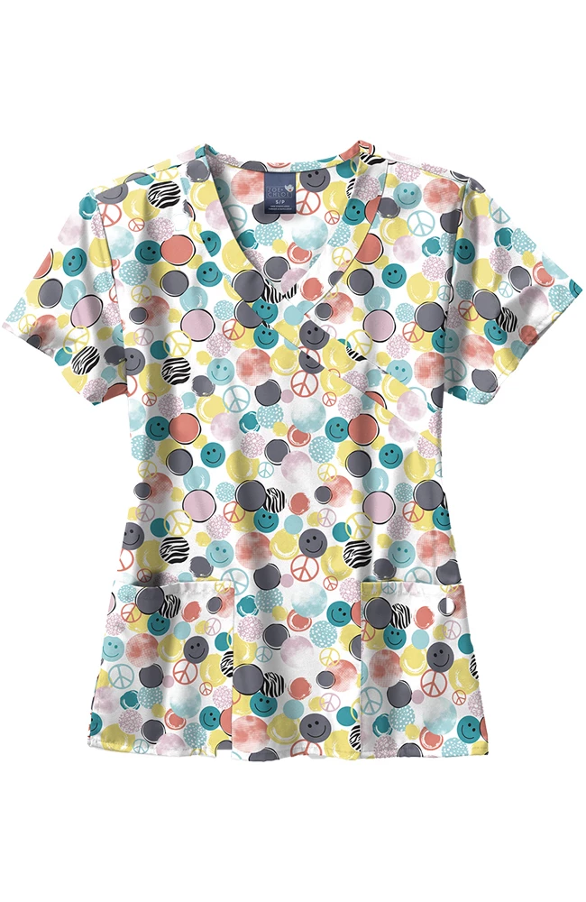 Zoe And Chloe Clearance Women's Mock Wrap All Smiles Print Scrub Top