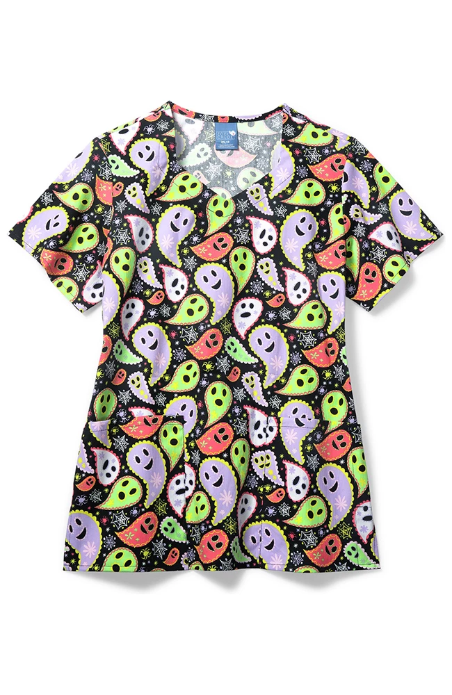 Zoe And Chloe Clearance Women's Diamond Neck Dia De Los Paisley Print Scrub Top