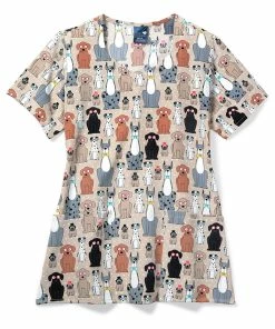 Zoe And Chloe Clearance Women's Diamond Neck Buster & Tiny Print Scrub Top
