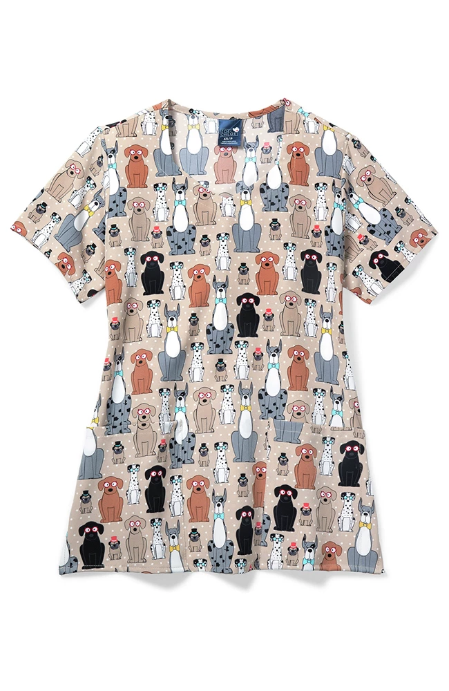 Zoe And Chloe Clearance Women's Diamond Neck Buster & Tiny Print Scrub Top