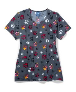 Zoe And Chloe Clearance Women's Diamond Neck Checking Paws Print Scrub Top