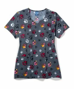 Zoe And Chloe Clearance Women's Diamond Neck Checking Paws Print Scrub Top