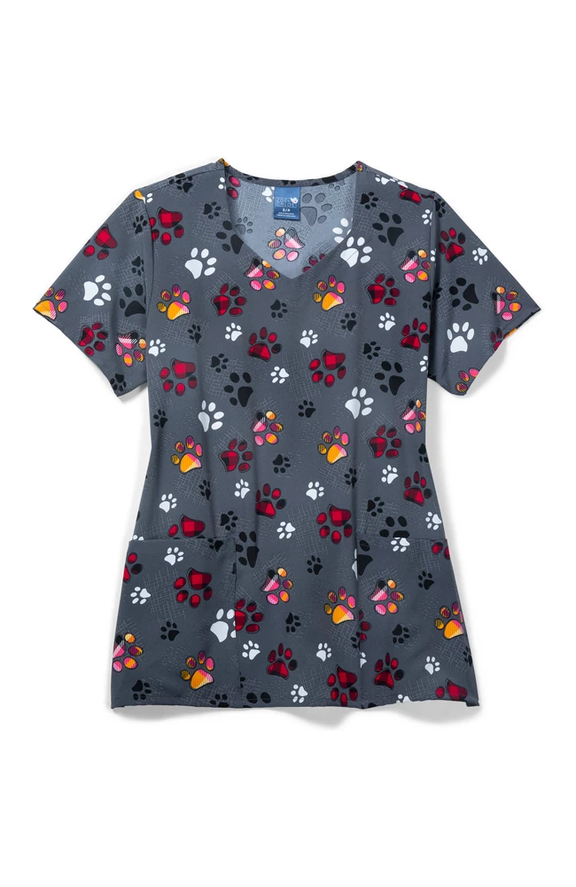 Zoe And Chloe Clearance Women's Diamond Neck Checking Paws Print Scrub Top