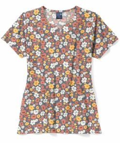 Zoe And Chloe Women's Notch Neck Poppin' Petals Print Scrub Top