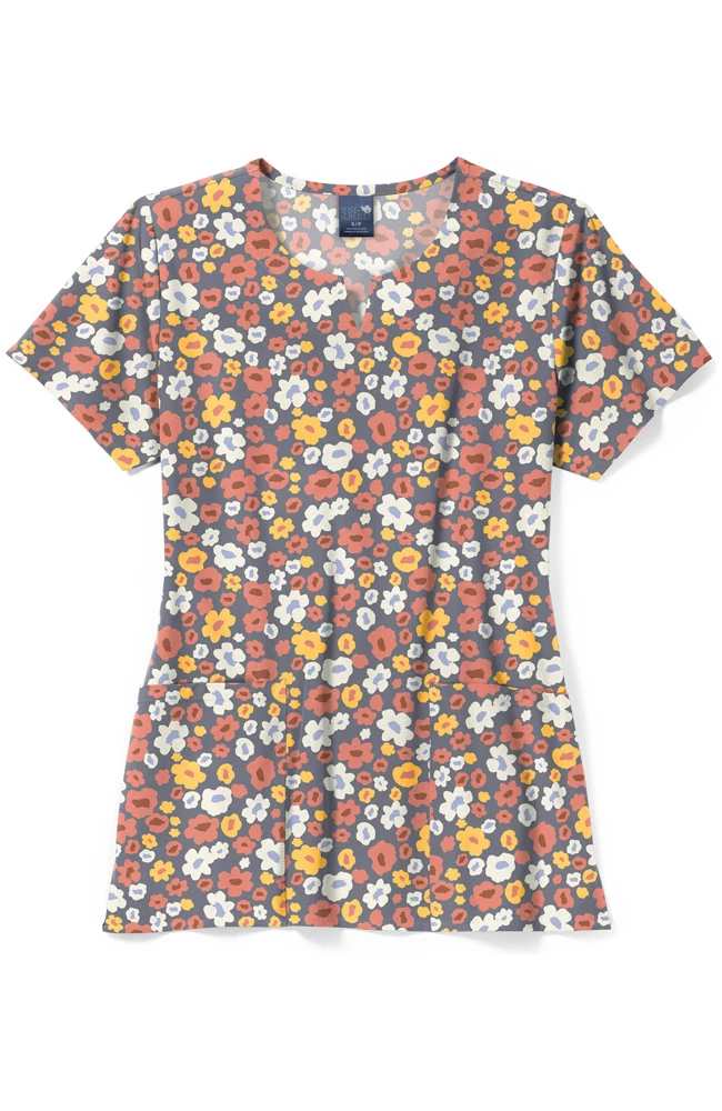 Zoe And Chloe Women's Notch Neck Poppin' Petals Print Scrub Top