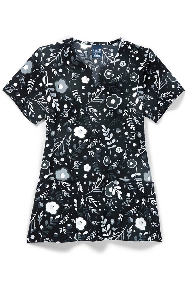 Zoe And Chloe Clearance Women's Notch Neck Moody Blossoms Print Scrub Top