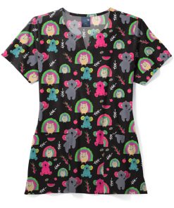 Zoe And Chloe Women's Notch Neck Spiky Mikey Print Scrub Top