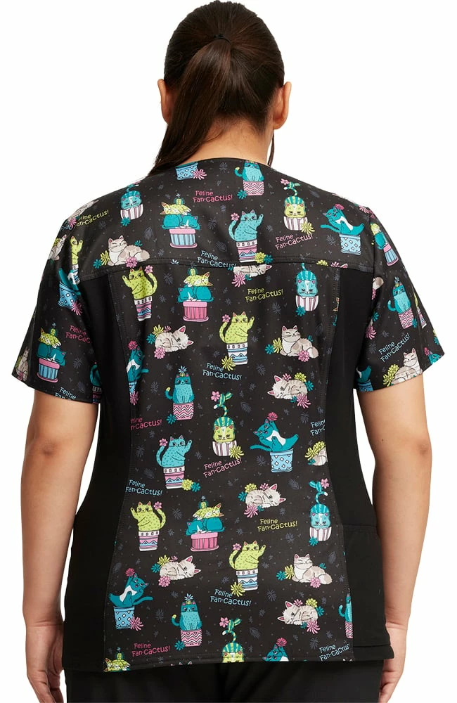 Cherokee Women's Knit Panel Feline Fan-cactus Print Scrub Top - Image 2
