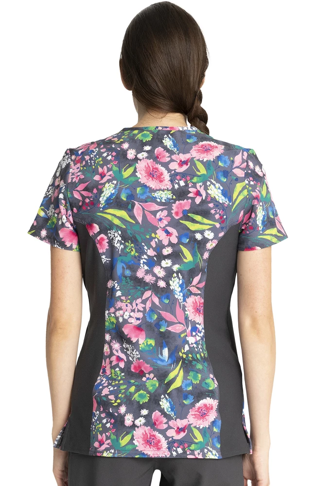 Cherokee Clearance Women's Mock Wrap Watercolor Petals Print Scrub Top - Image 2