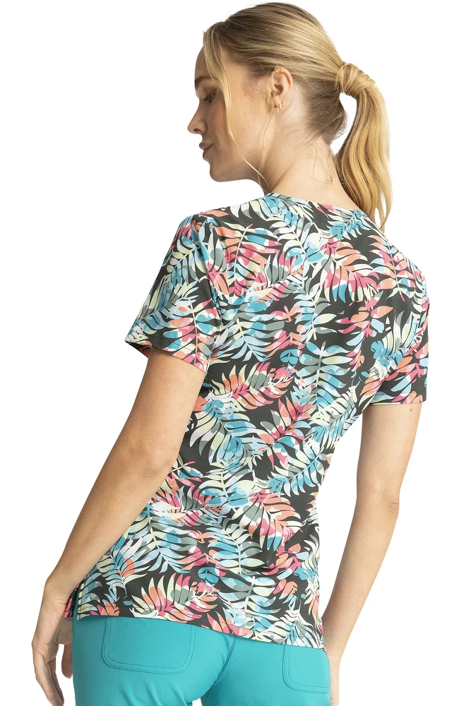 Cherokee Clearance Women's Mock Wrap Loving Tropic Print Scrub Top - Image 2