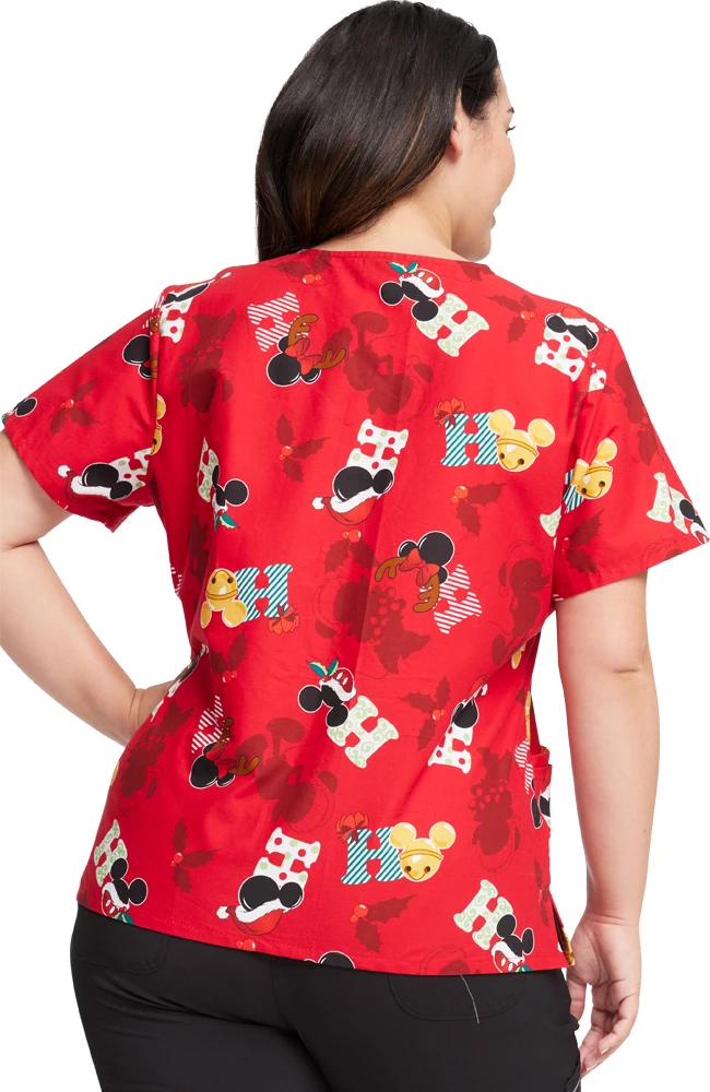 Cherokee Women's Mickey Holiday Cheer Print Scrub Top - Image 2