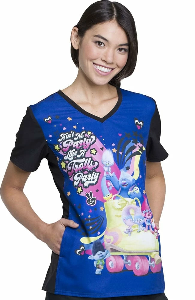 Cherokee Clearance Women's V-Neck Knit Panel Trolls Print Scrub Top - Image 2