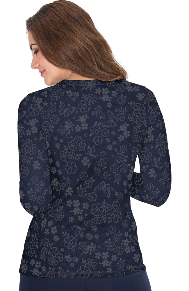 Koi Women's Presley Flower Shower Navy Burnout Print Underscrub T-Shirt - Image 2