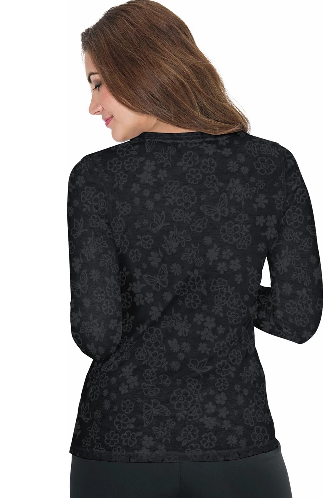 Koi Women's Presley Flower Shower Burnout Black Print Underscrub T-Shirt - Image 2