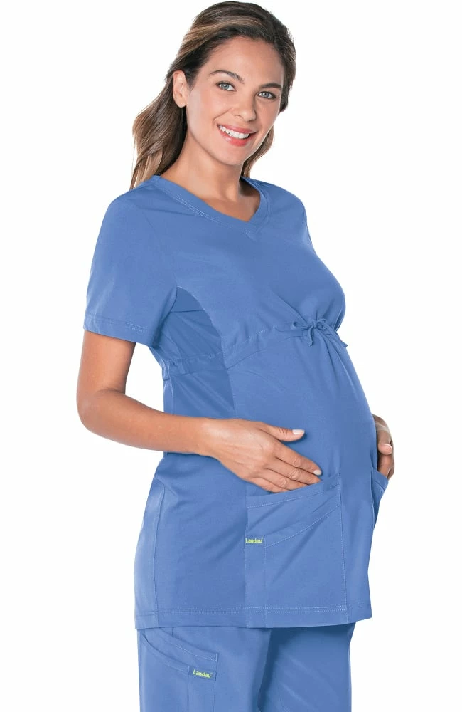 Landau Women's Maternity V-Neck Empire Waist Tunic Solid Scrub Top - Image 2