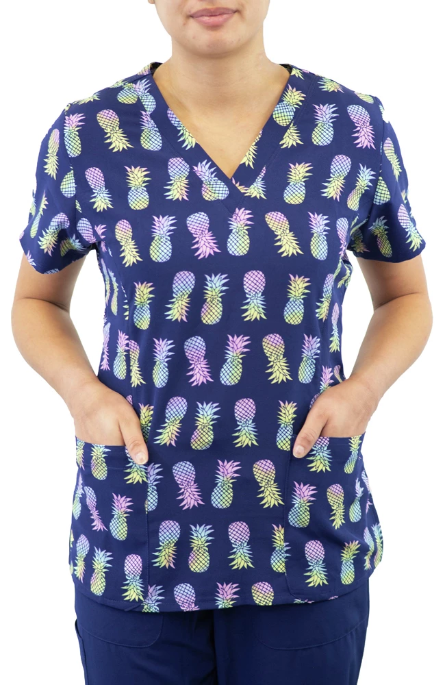 Maevn Uniforms Women's Curved V-Neck Tropical Paradise Print Top - Image 2