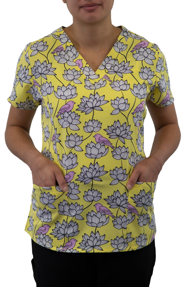 Women's Curved V-Neck Birds In Bloom Print Top Maevn Uniforms Women's Curved V-Neck Birds In Bloom Print Top -Silverts-shop 2 mv 1767 print 650 4