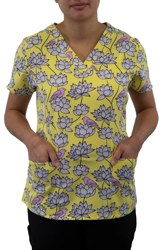 Maevn Uniforms Women's Curved V-Neck Birds In Bloom Print Top - Image 2
